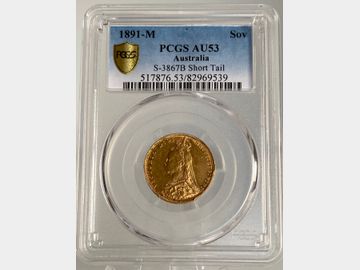 1891 VICTORIA MELBOURNE MINT JUBILEE GOLD SOVEREIGN 'SHORT TAIL' AU53 PCGS R5
