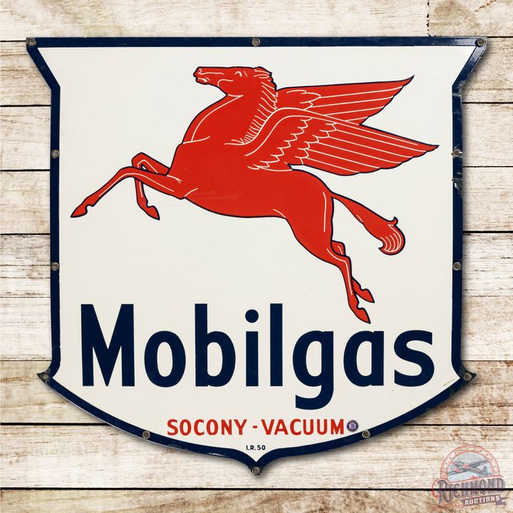 1950 33" Mobilgas Socony-Vacuum Porcelain Shield Sign w/ Pegasus