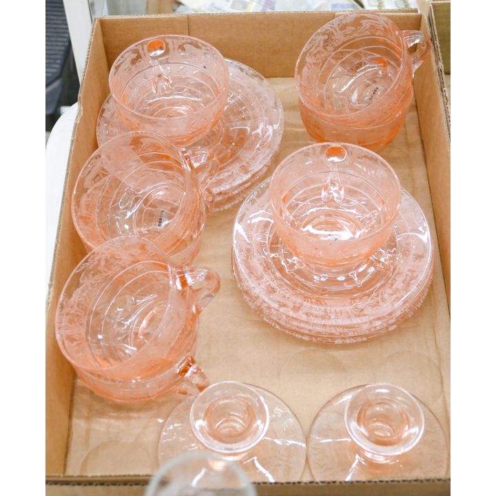 Box 10pc Pink Etched Glass Cup Saucers etc.