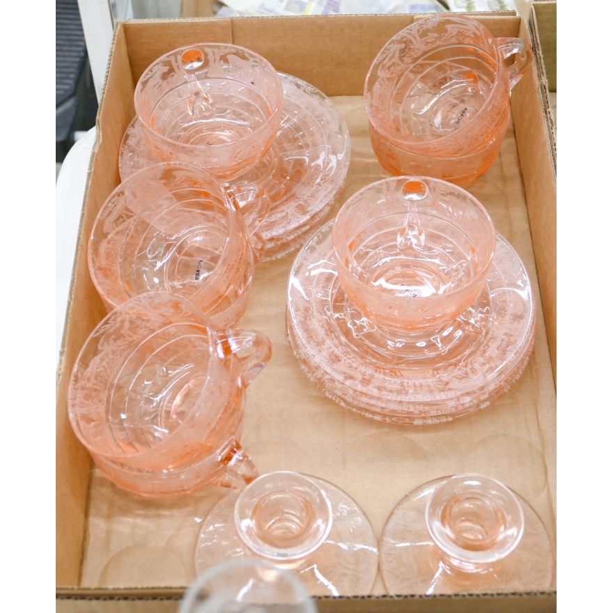 Box 10pc Pink Etched Glass Cup Saucers etc.
