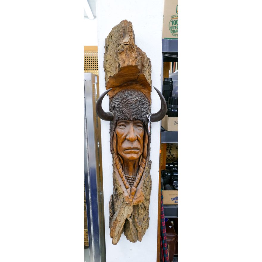 Les Welliver Carved Wood Indian Plaque 33''
