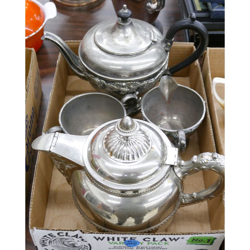 Box 4pc Decorated Metal Tea Pot etc.