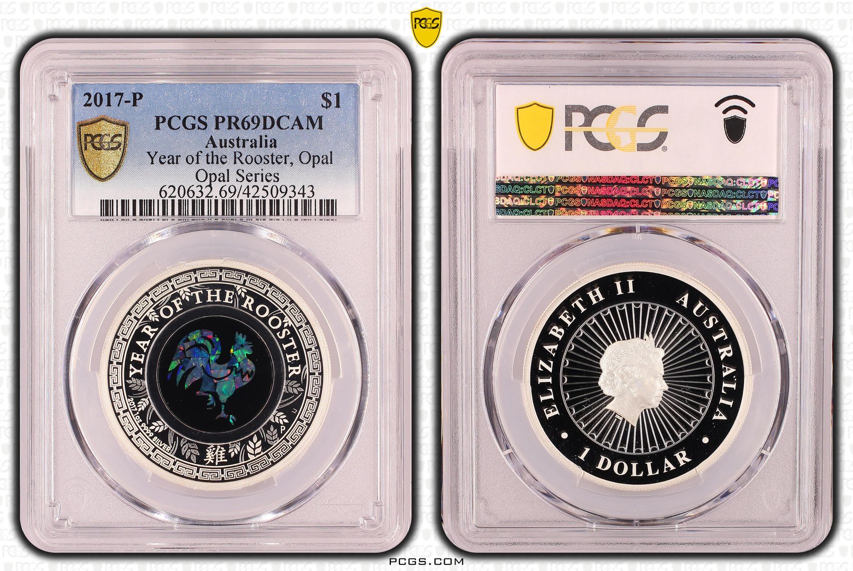 Year of the Rooster Opal Ag, One Dollar, 2017-P, PCGS PR69DCAM