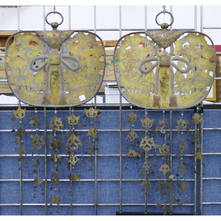 Pair Antique Japanese Decorated Hanging Metal Fans 24''