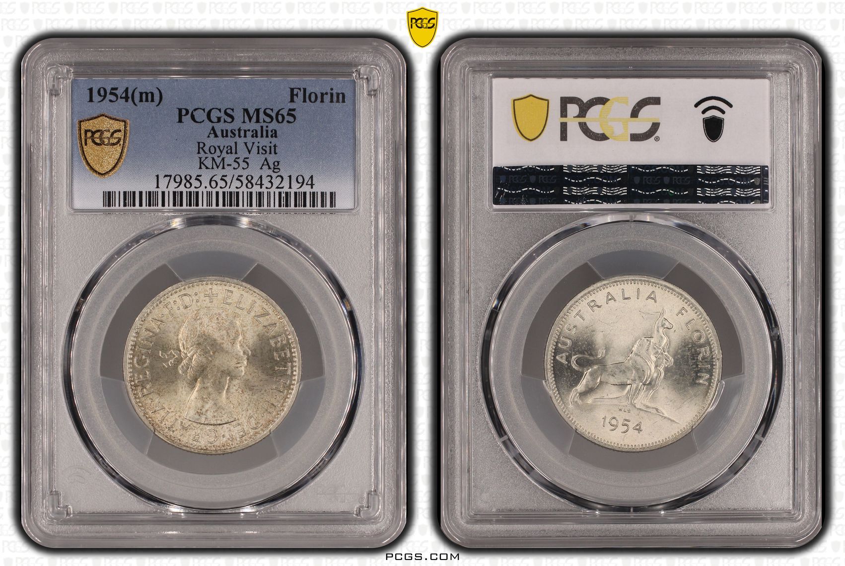 Royal Visit KM-55 Silver, Florin, 1954(m), PCGS MS65