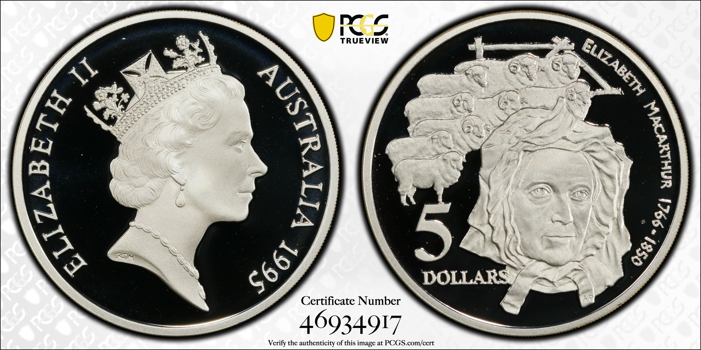 Elizabeth Macarthur Colonial Australia, Five Dollar, 1995, PCGS PR69DCAM