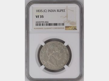 1835 B & C INDIA SILVER ONE RUPEE VF35
