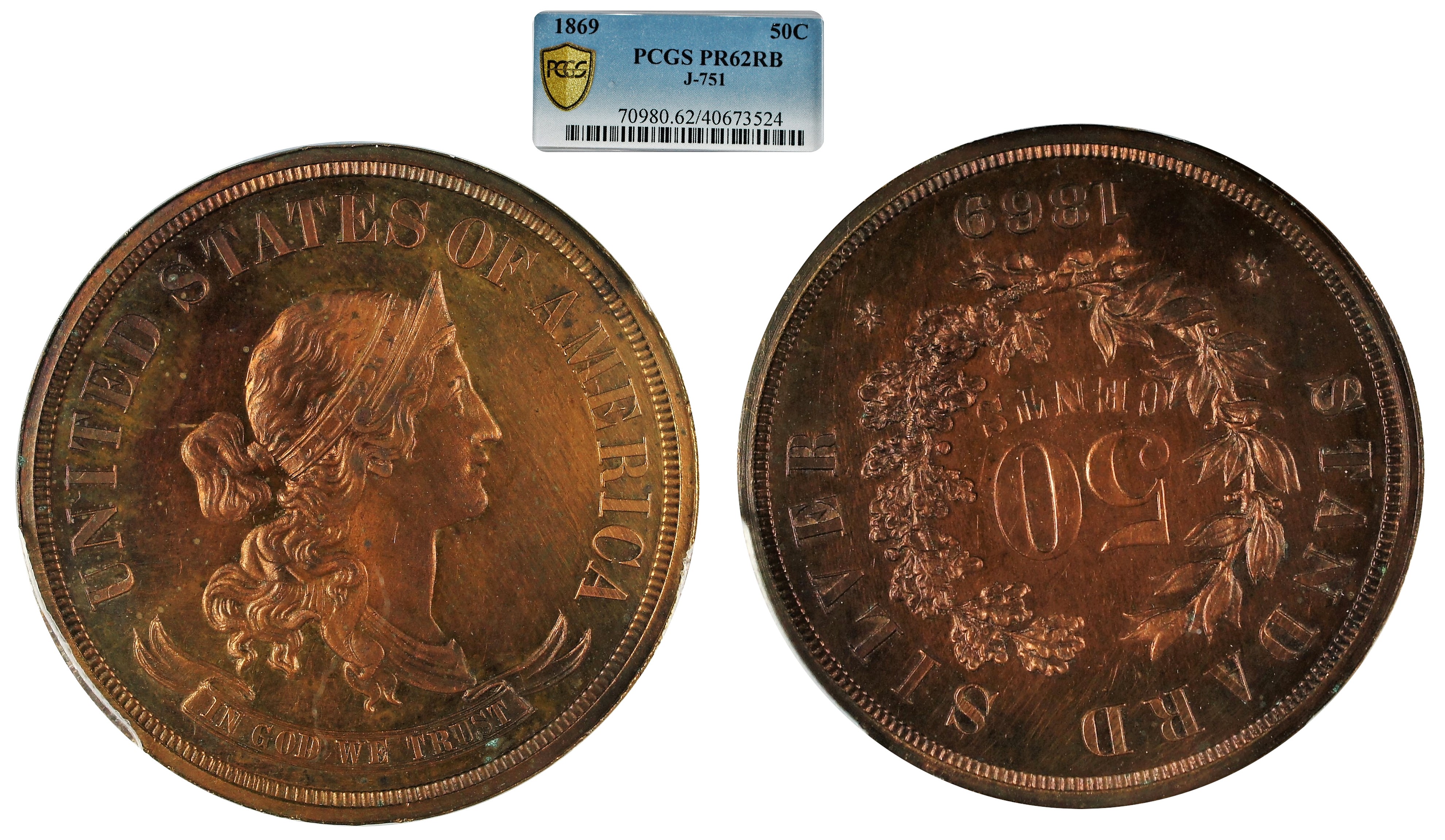 USA 1869 Pattern 50 Cents in Copper PCGS PR62 Red Brown