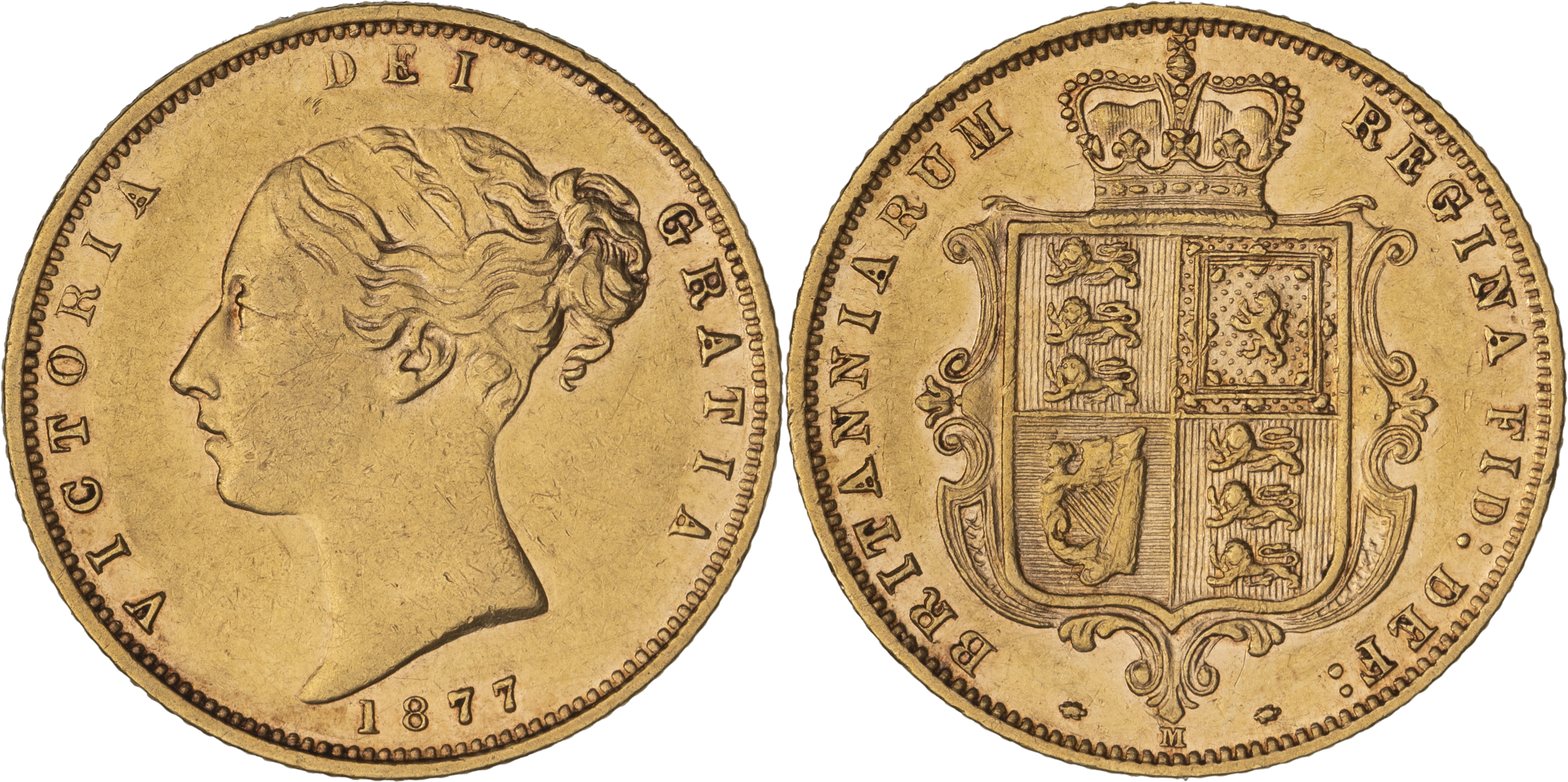 Victoria, Shield Reverse - Young Head, Half Sovereign, 1877-M, gVF