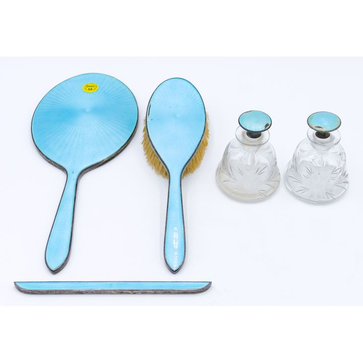 Tray 5pc Blue Guilloche Sterling Dresser Set as-is