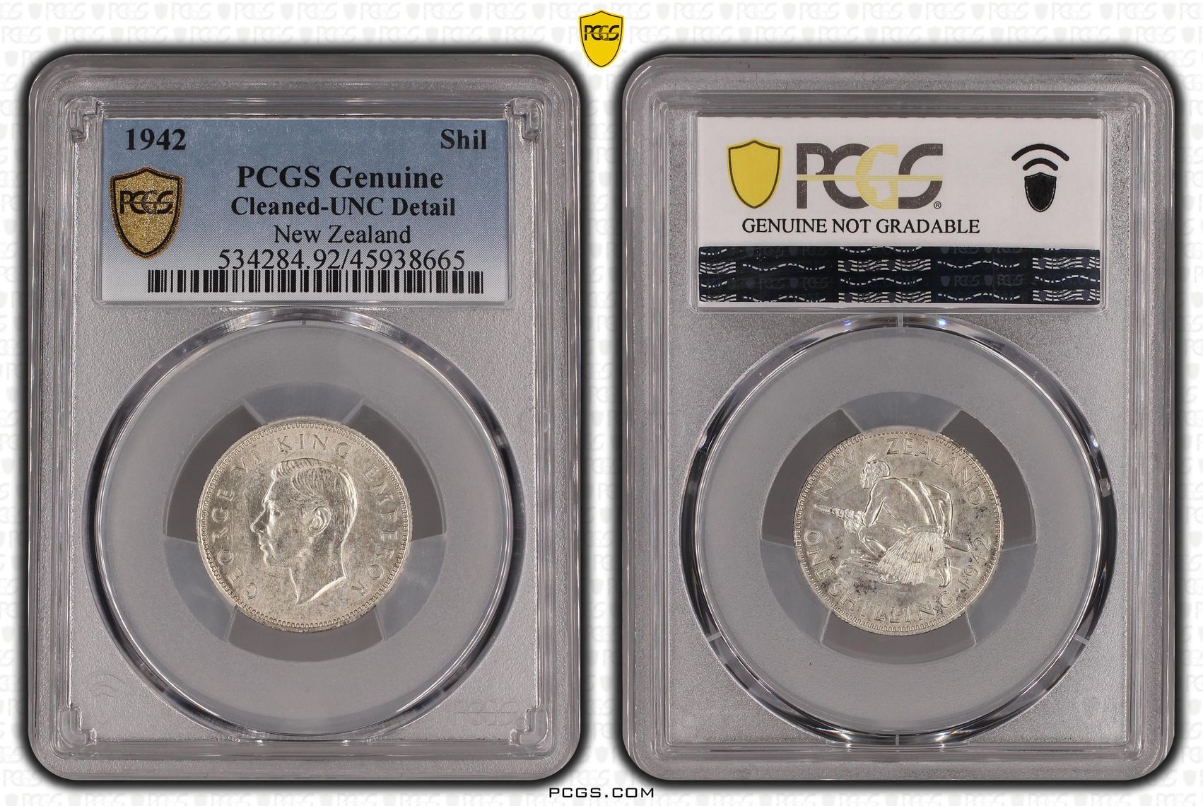 1942 New Zealand Shilling PCGS - Genuine - UNC Details (92 - Cleaned) -665