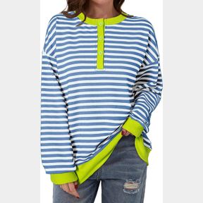 DOKOTOO WOMENS CASUAL CREWNECK COLOR BLOCK STRIPED OVERSIZED SWEATSHIRT LONG SLEEVE SHIRTS TUNIC TOPS L, BLUE, WHITE