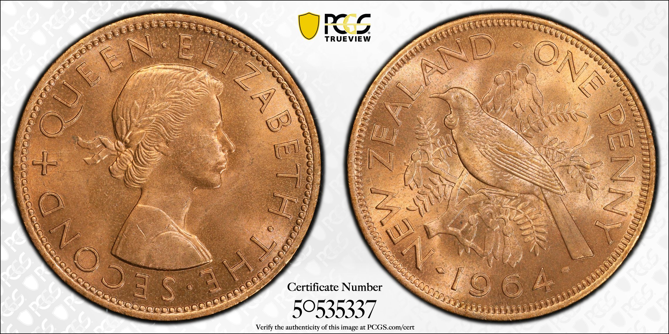 New Zealand , Penny, 1964, PCGS MS64RD