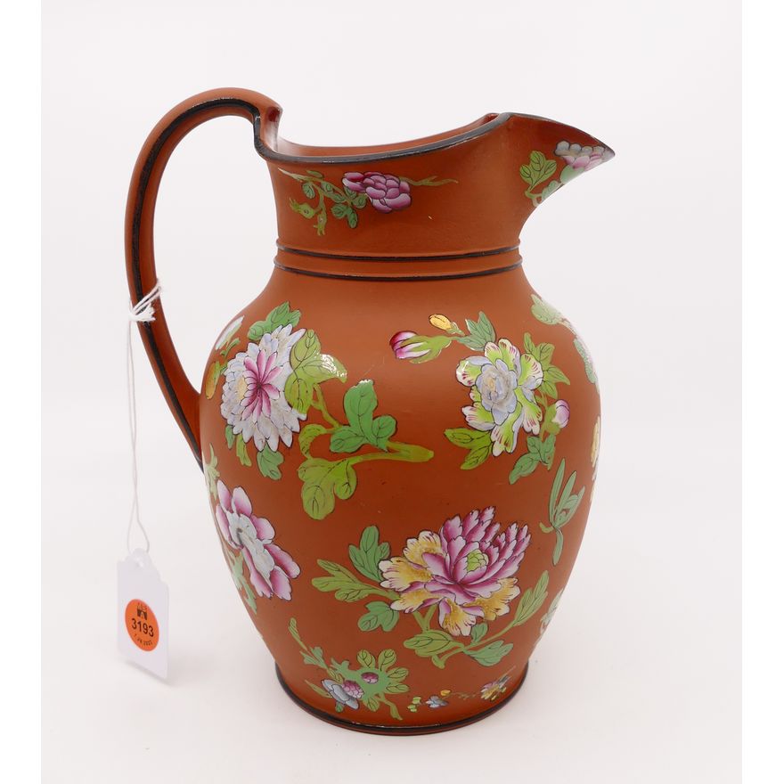 Wedgwood Rosso Antico Enameled Floral Pitcher- 8"