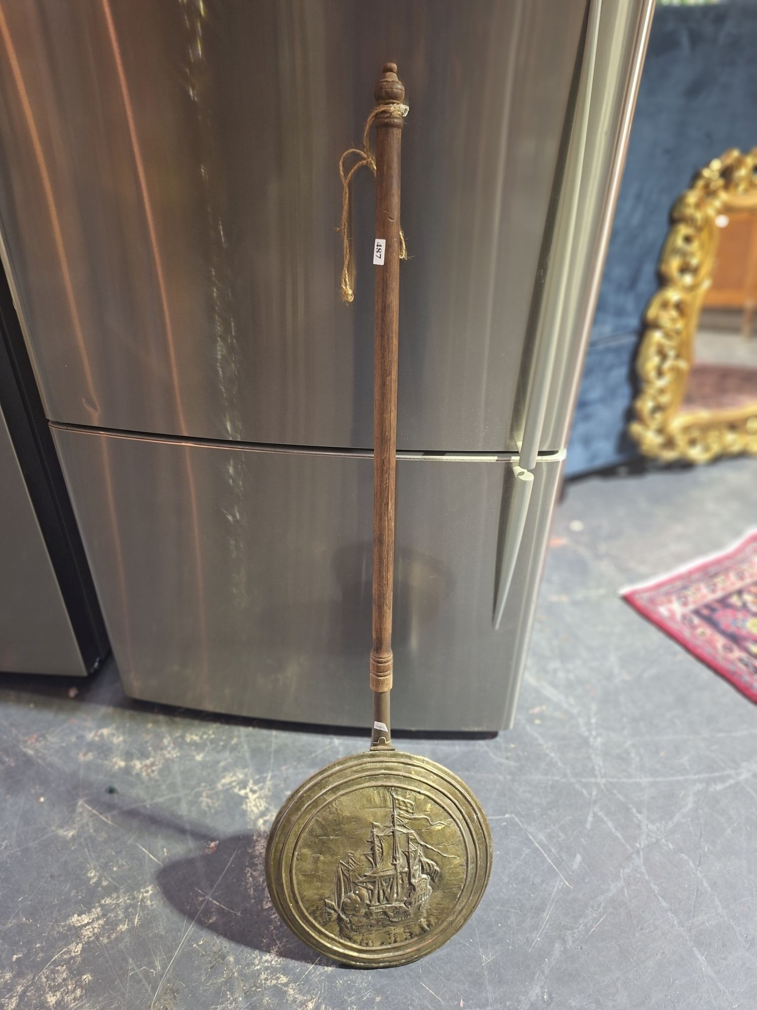 487 · BRASS BED WARMER