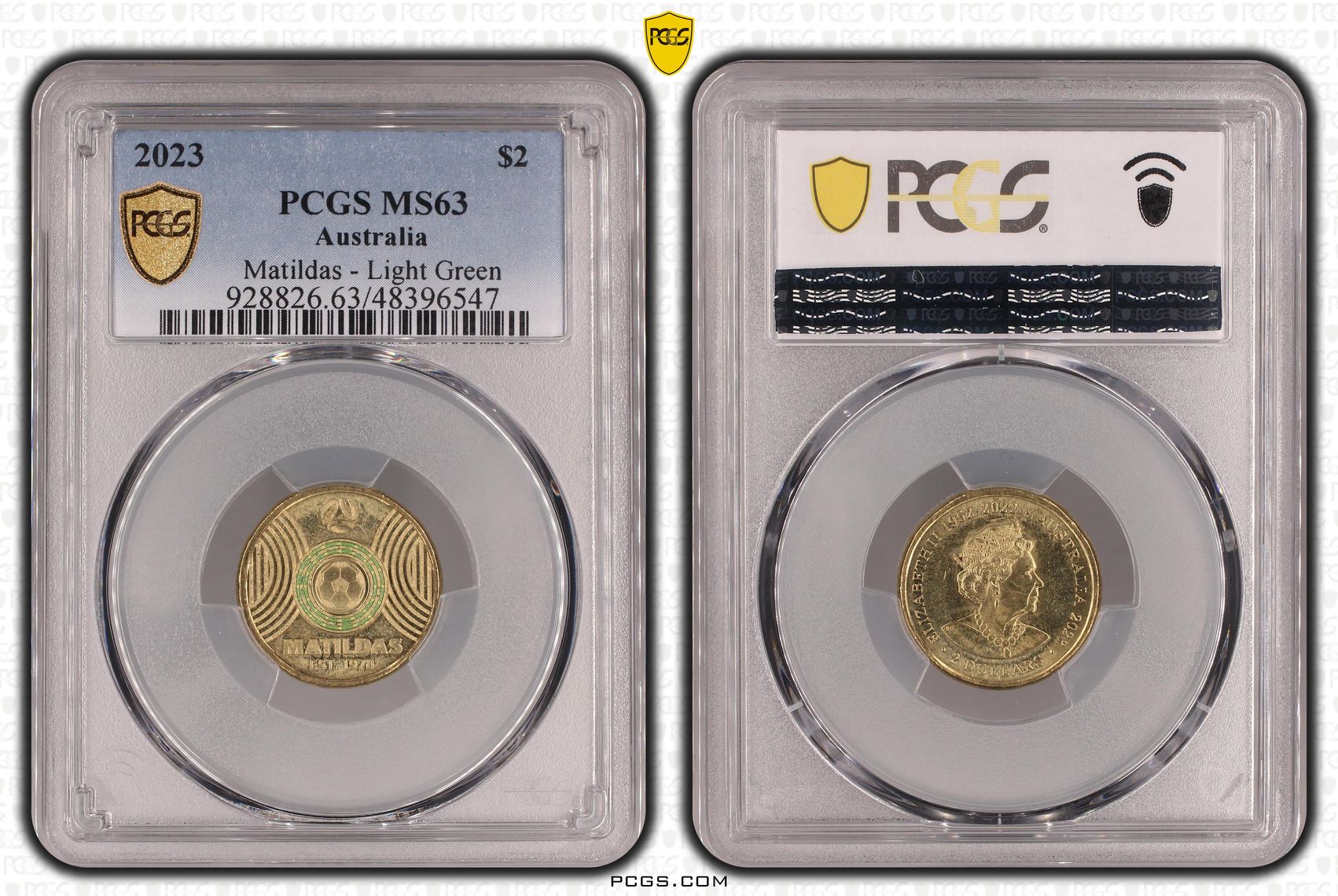 Elizabeth II, Matildas - Light Green, Two Dollar, 2023, PCGS MS63
