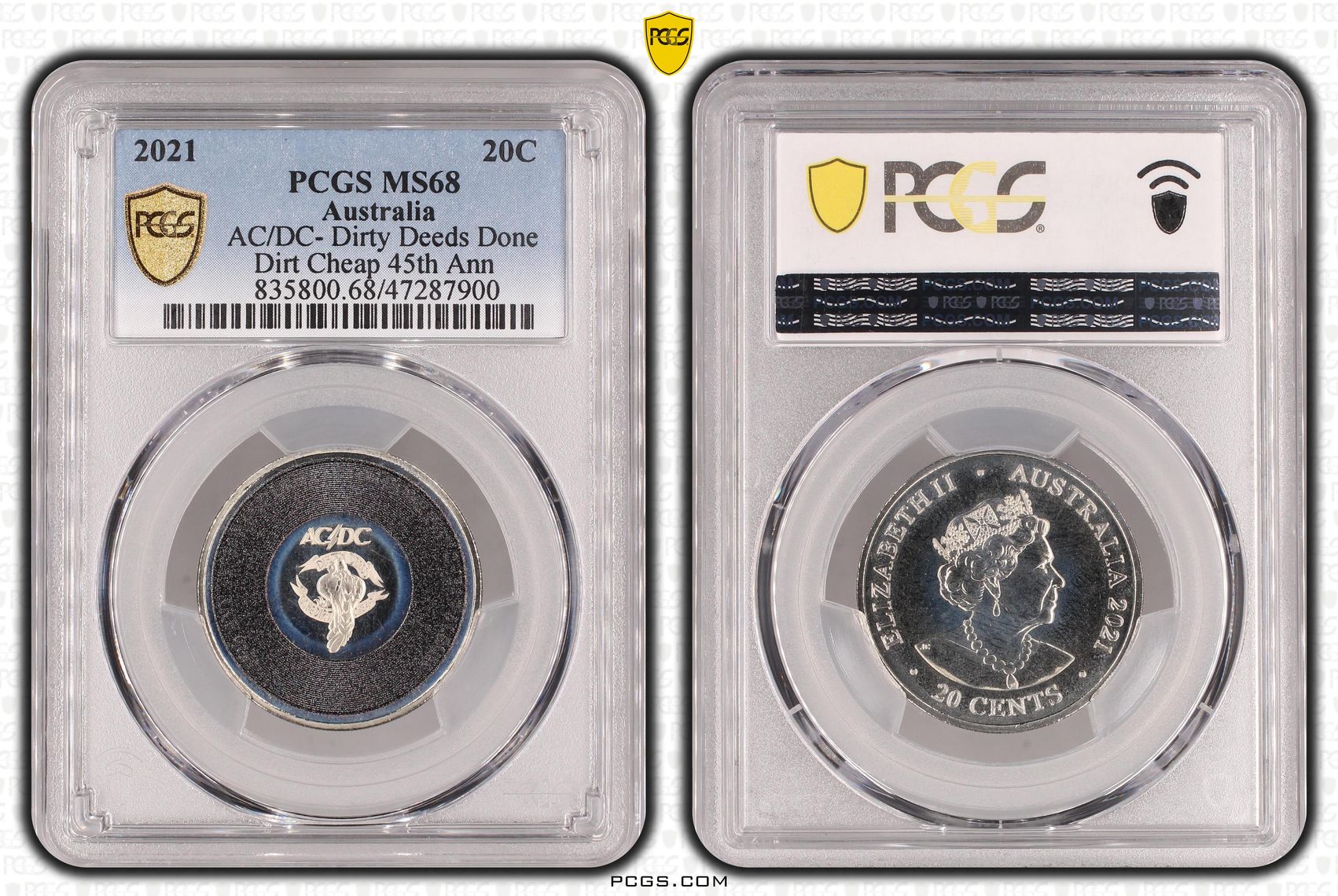Elizabeth II, AC/DC- Dirty Deeds Done Dirt Cheap 45th Anniversary, Twenty Cent, 2021, PCGS MS68