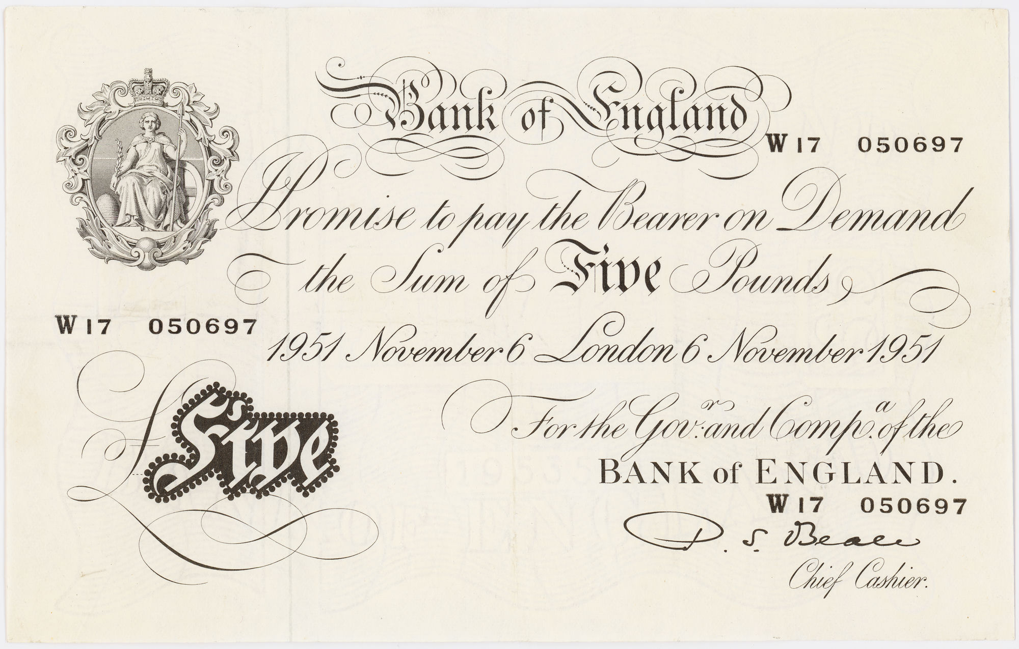 Great Britain, Beale, Bank of England, Five Pounds, 1951, VF