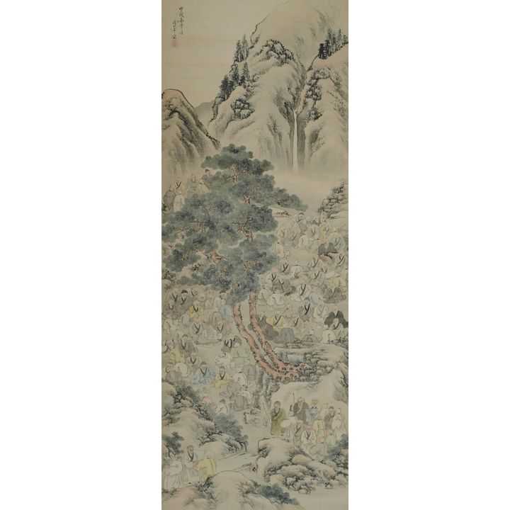 Old Japanese Thousand Scholars Landscape Scroll Painting
