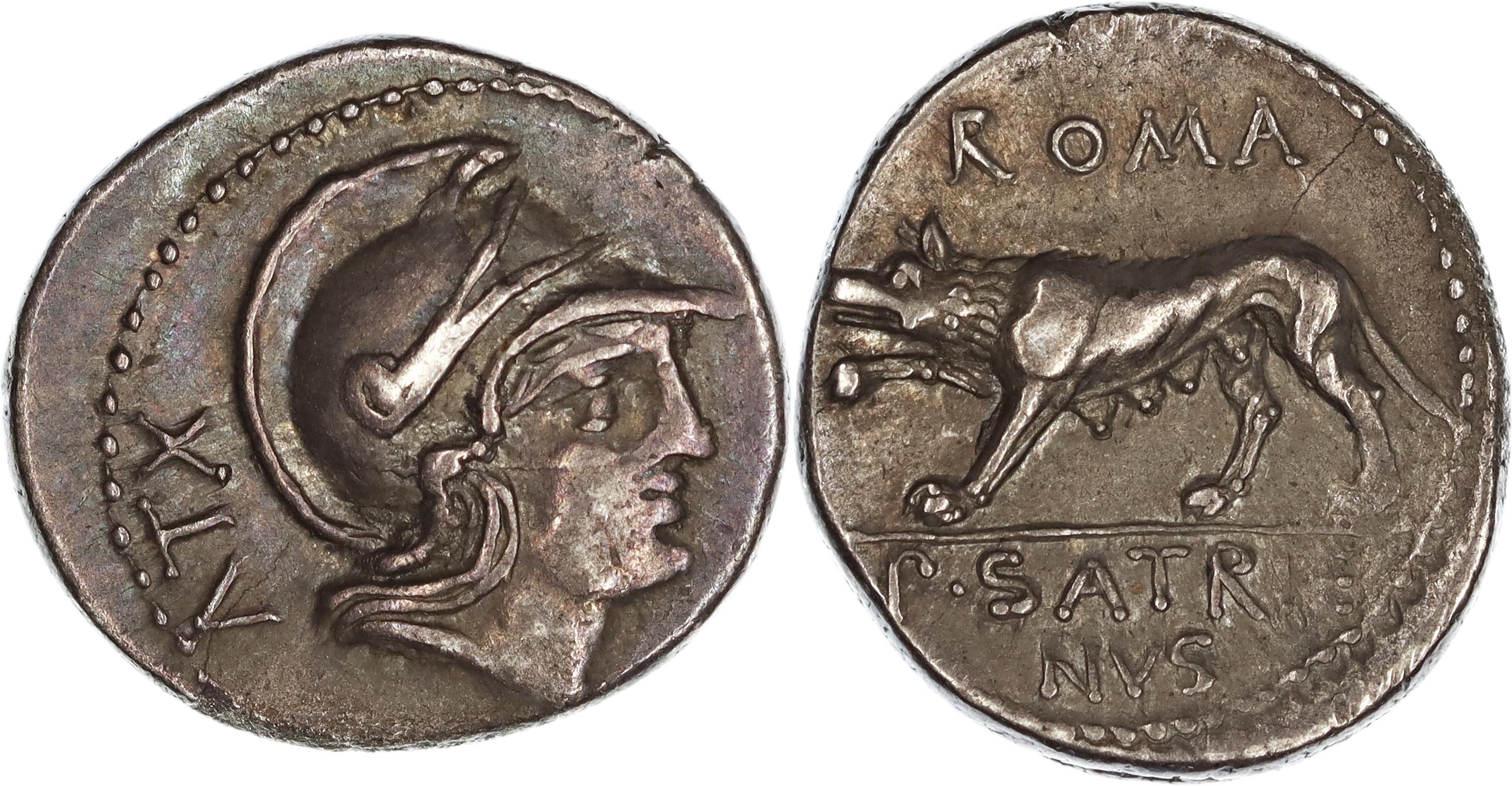 Roman Republic, P. Satrienus, Silver Denarius, 77 BC, VF
