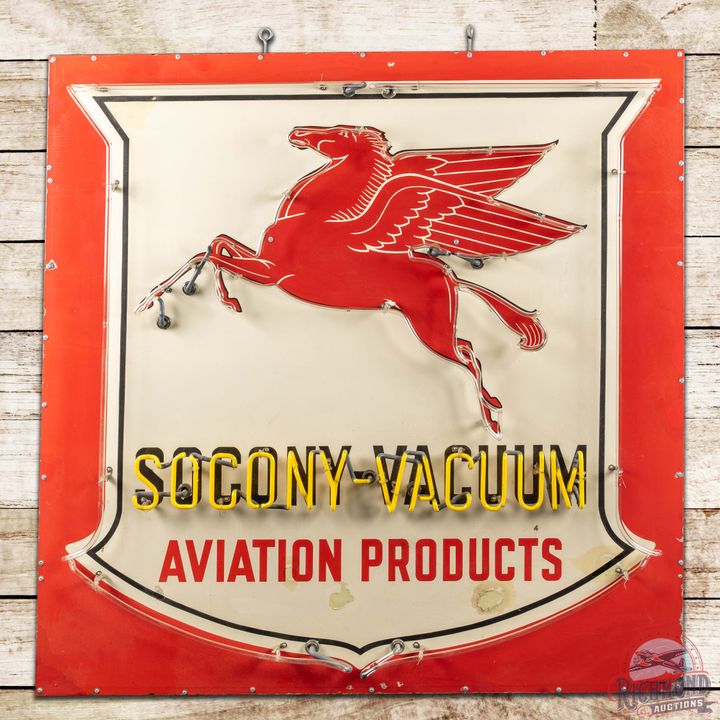 Socony Vacuum Aviation Products SS Porcelain Neon Sign w/ Pegasus