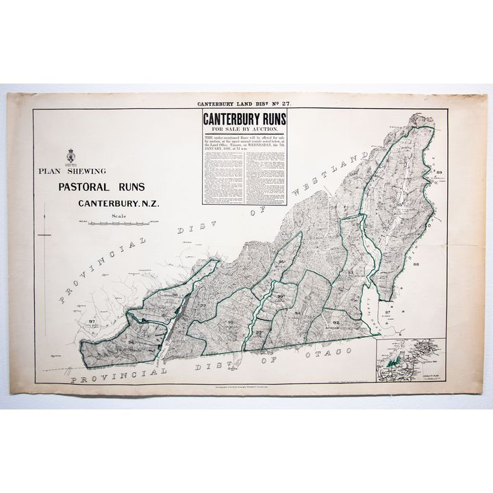 BAKER, JOHN H. [Chief Surveyor Christchurch] - Canterbury Land Dist. No 27. Canterbury Runs for Sale by Auction.