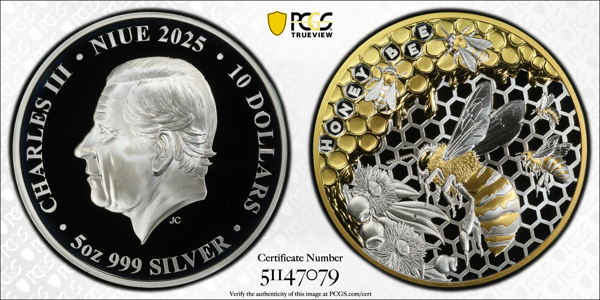 Niue, Australian Honey Bee 5oz Ag - Selective Gilt, Ten Dollars, 2025, PCGS PR69DCAM