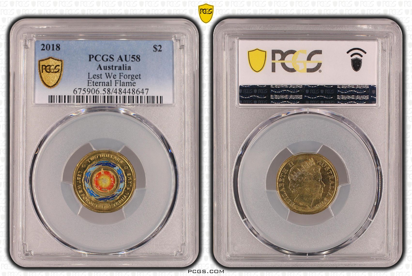 Elizabeth II, Lest We Forget - Eternal Flame, Two Dollar, 2018, PCGS AU58