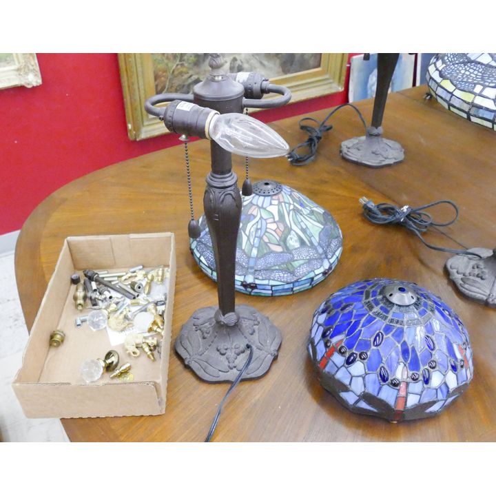 3pc Tiffany Style Leaded Glass Lamp Shades (10'' and 12''), Base, and Parts