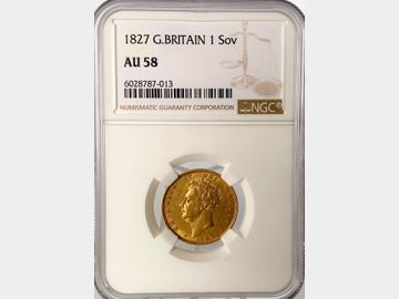 1827 GEORGE IV BARE HEAD GOLD SOVEREIGN AU58