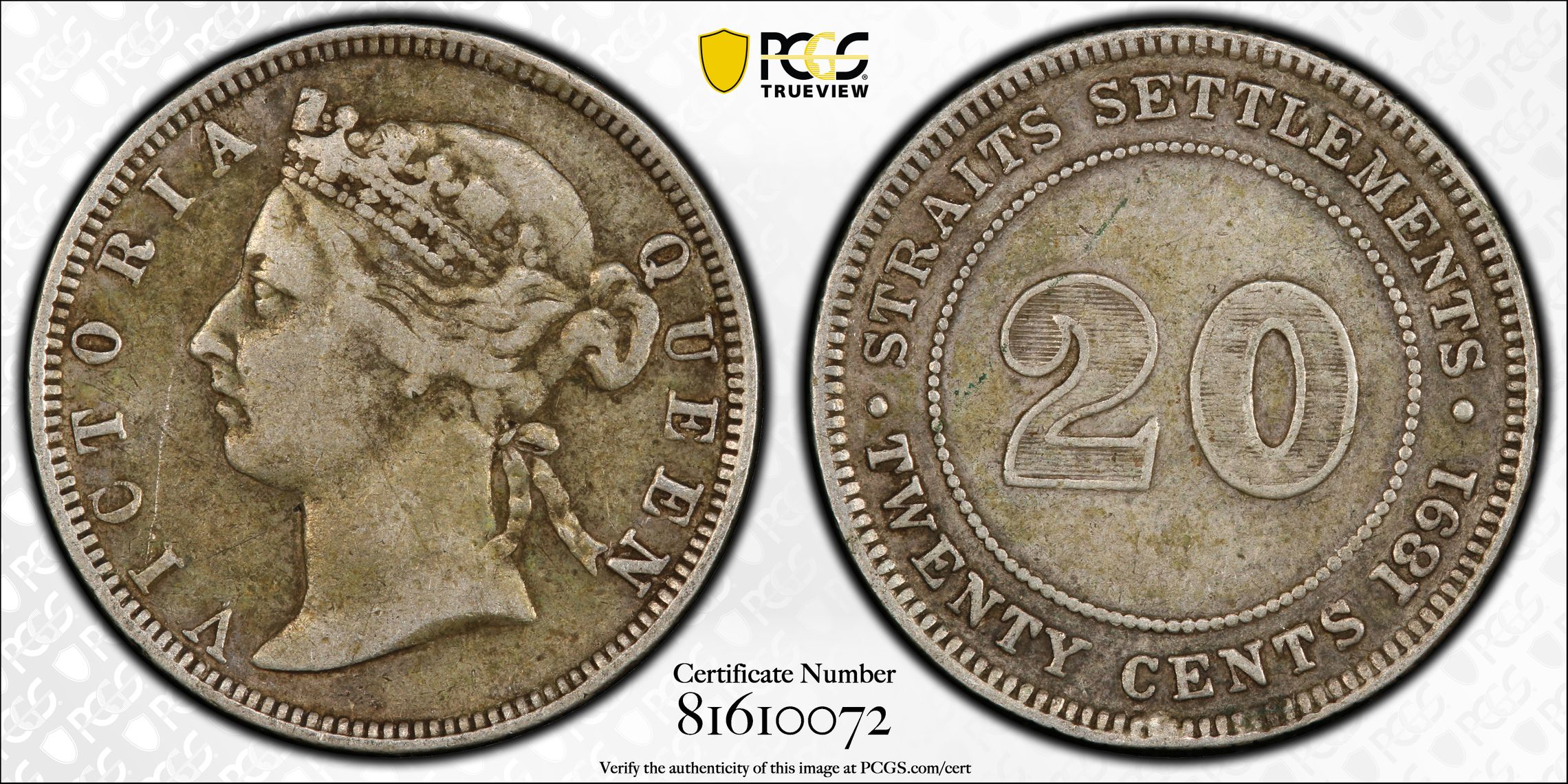 Straits Settlements, Twenty Cent, 1891, PCGS VF20