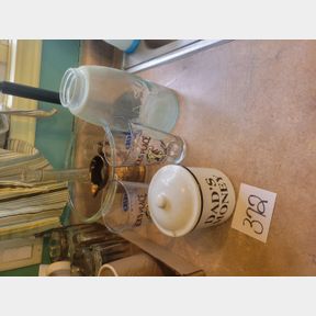 Antique canning jar, glass mixing bowl and Jacks beer glasses