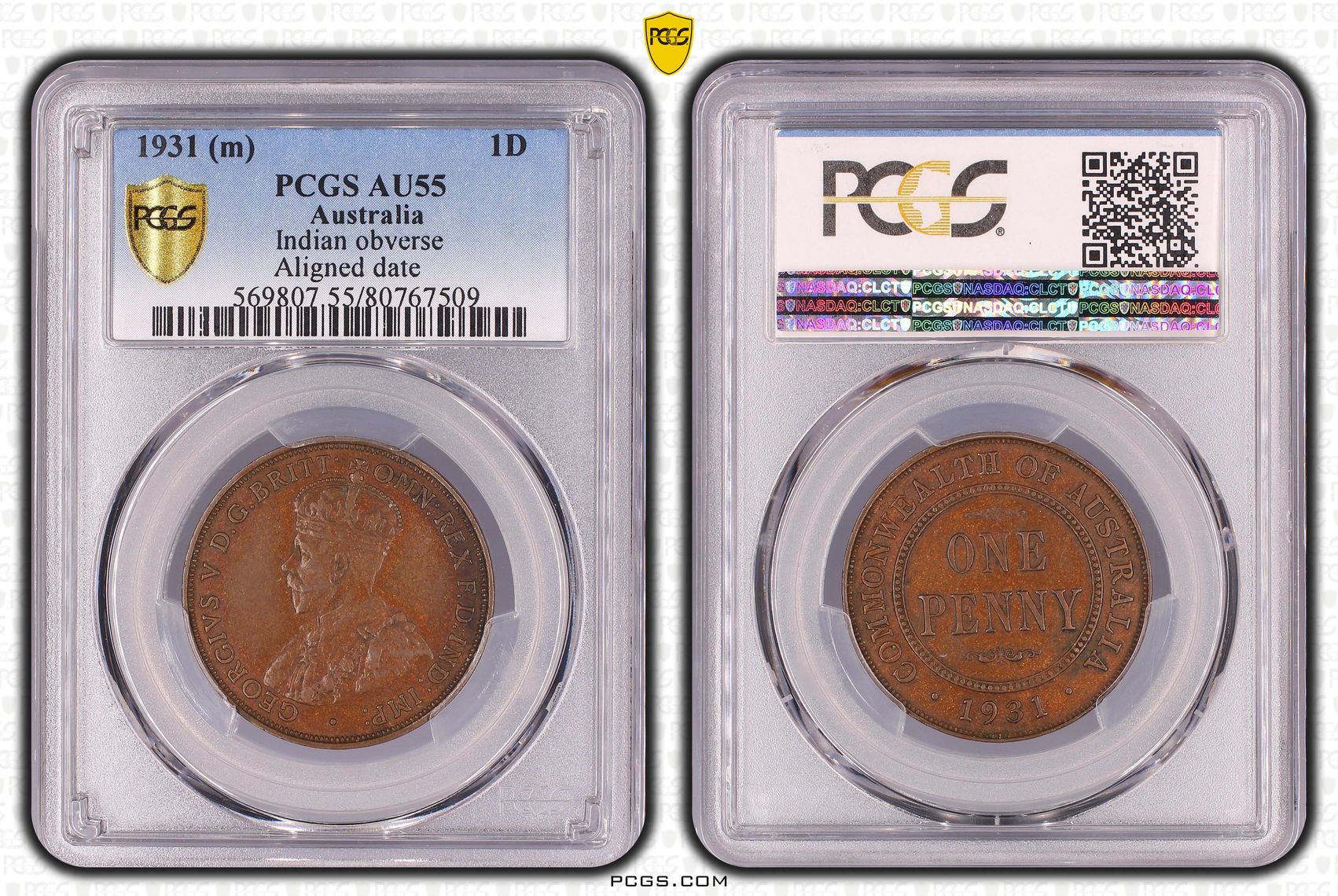 George V, Indian obverse Aligned date, Penny, 1931 (m), PCGS AU55BN
