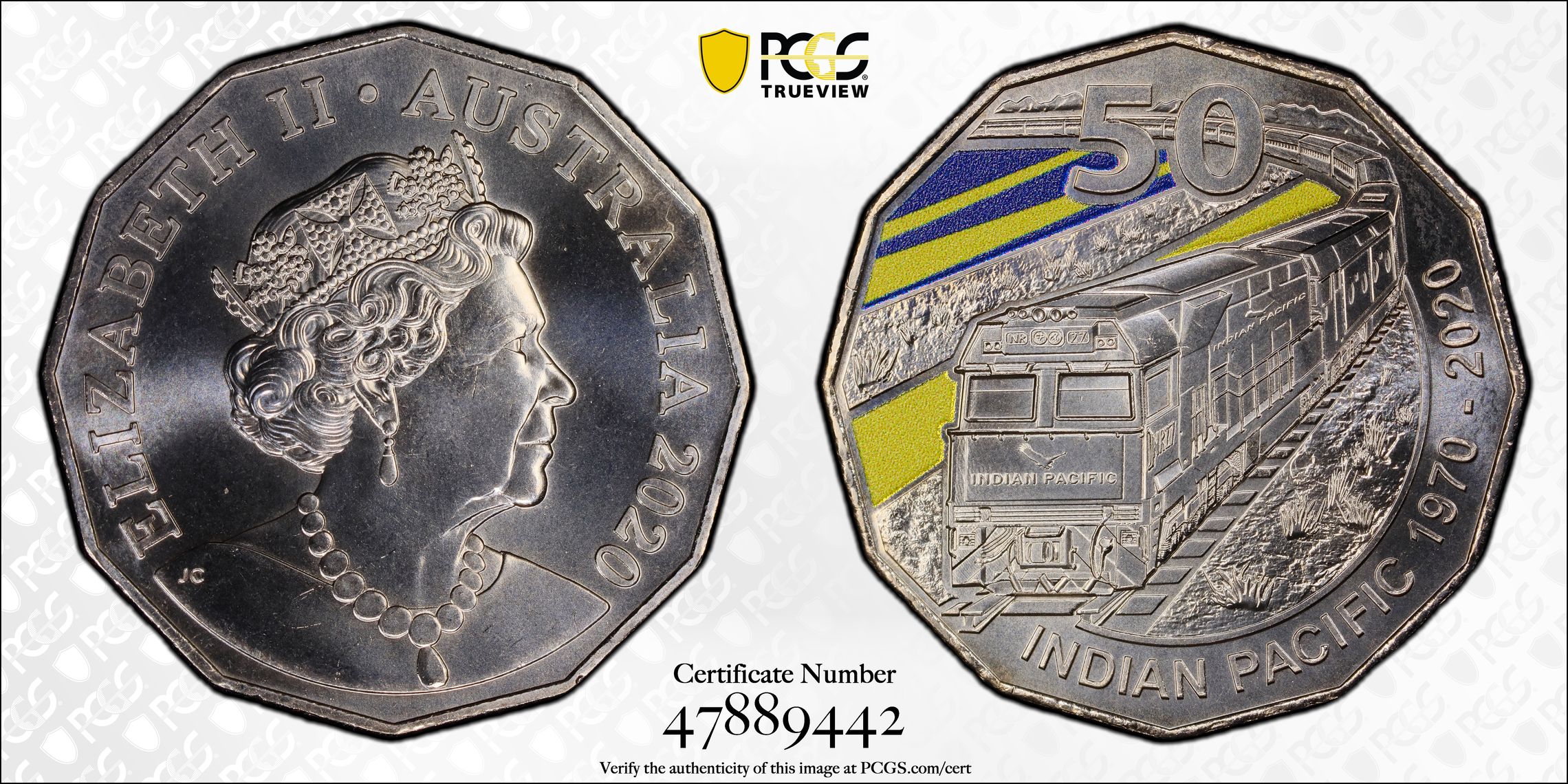Indian Pacific Train Colorized, Fifty Cent, 2020, PCGS MS68