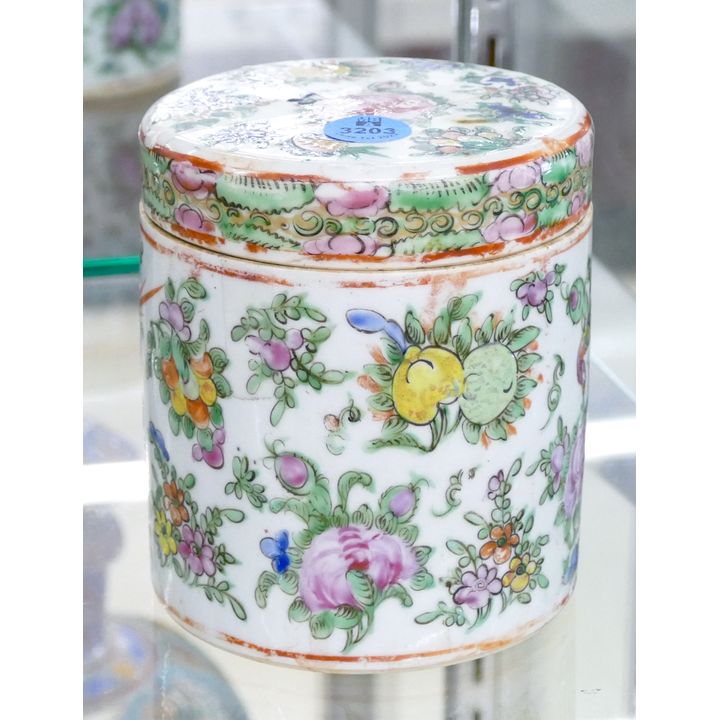 Old Chinese Rose Canton Porcelain Covered Jar 4.5''