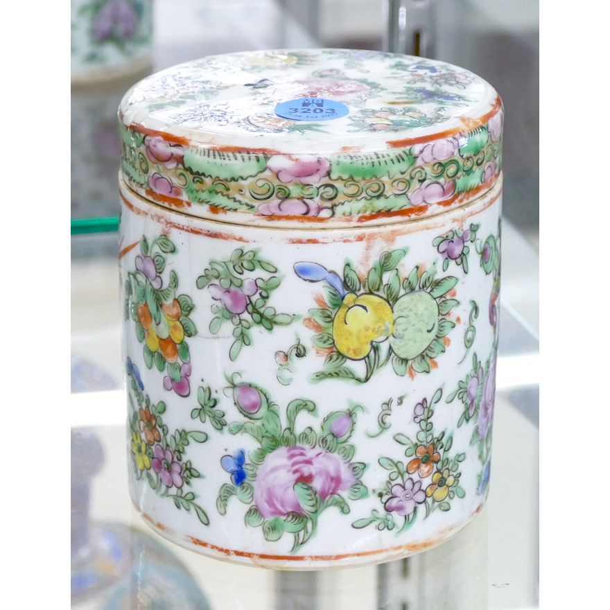 Old Chinese Rose Canton Porcelain Covered Jar 4.5''