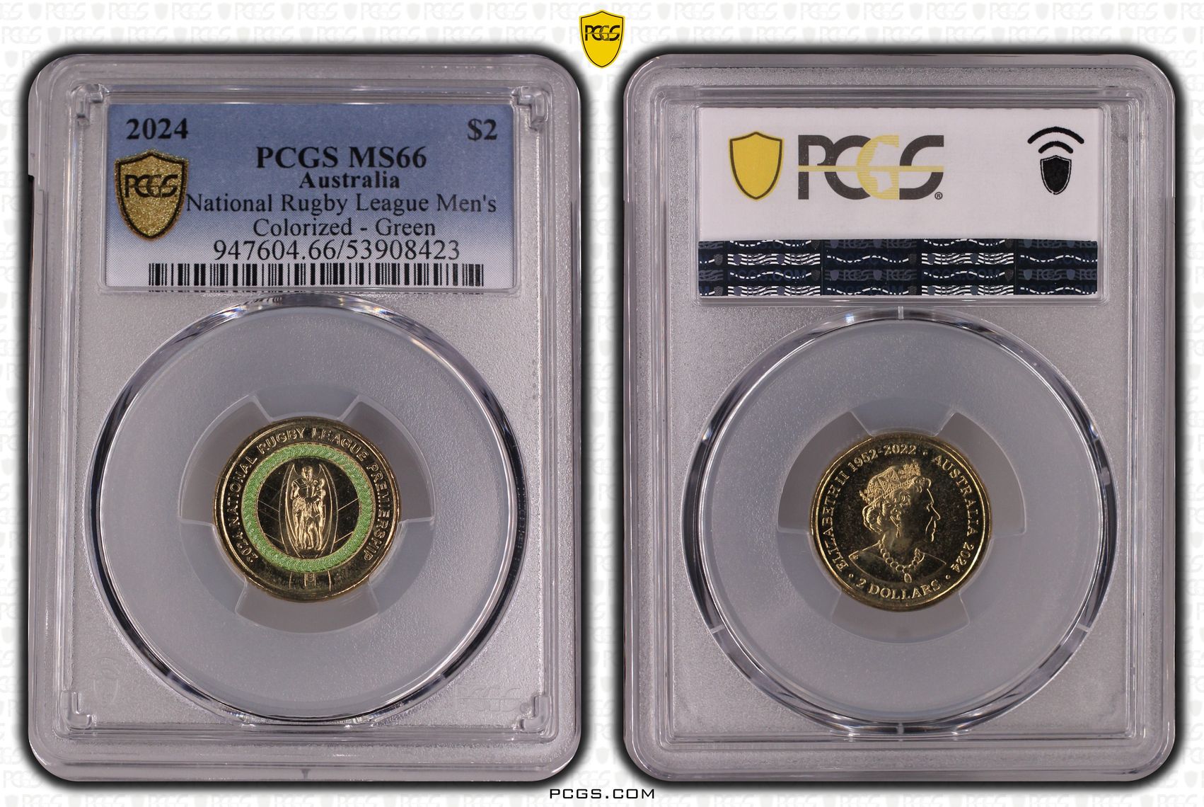 National Rugby League Men's Colourised - Green, Two Dollar, 2024, PCGS MS66