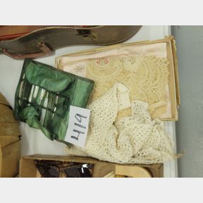 Vintage pearl handled personal care set and doilies
