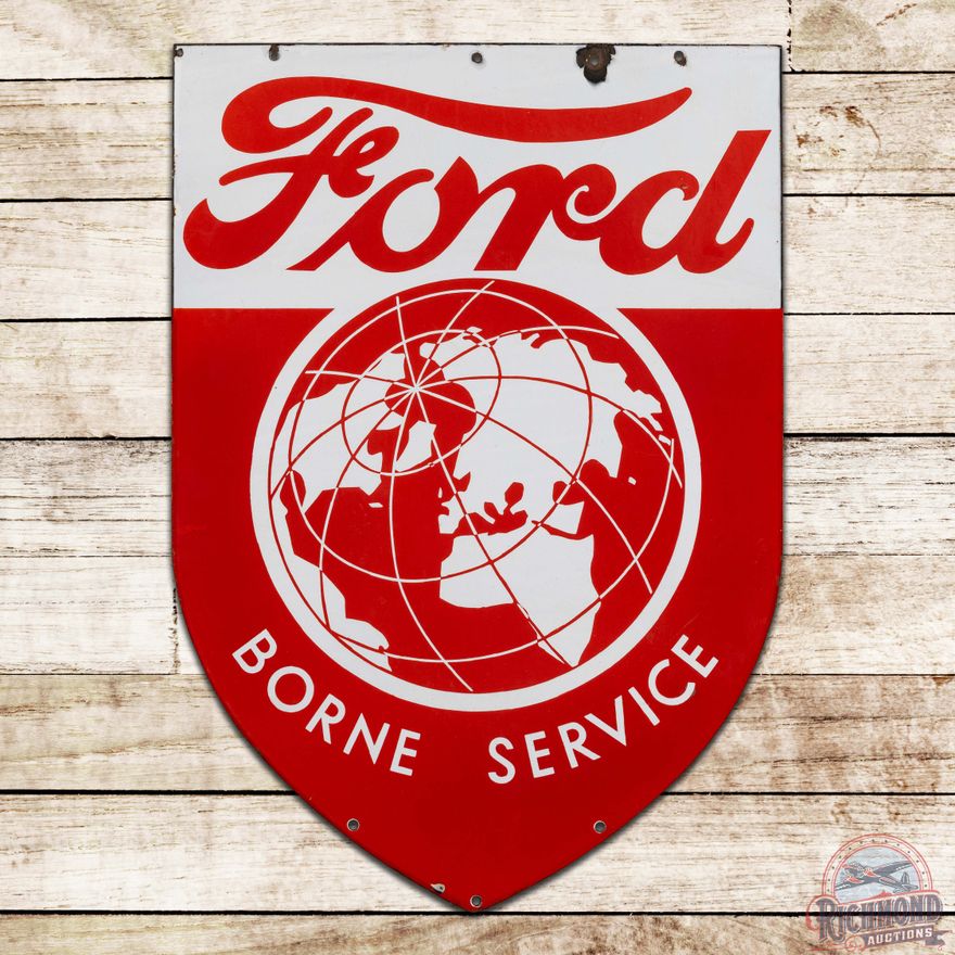 Impressive Ford Borne Service Double Sided Porcelain Shield Sign w/ World Logo