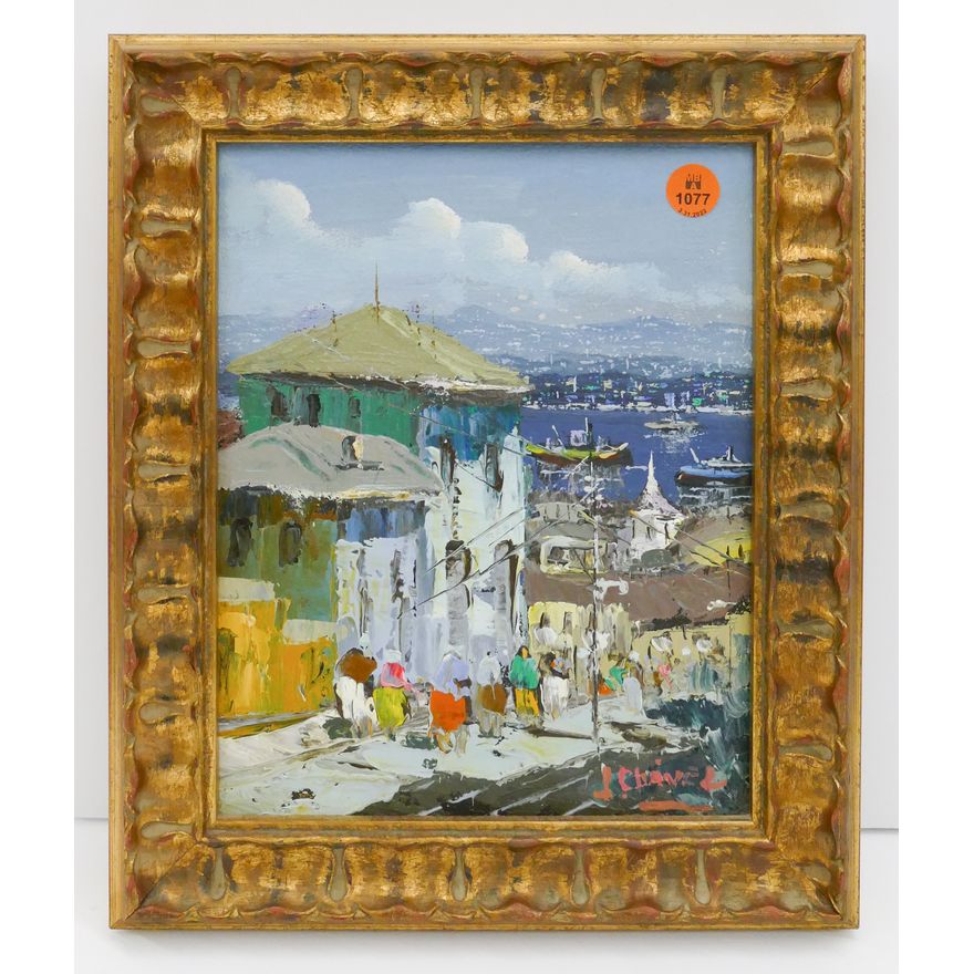 Harbor Scene Small Oil Painting Signed J. Chavez Gilt Framed- 12x10''