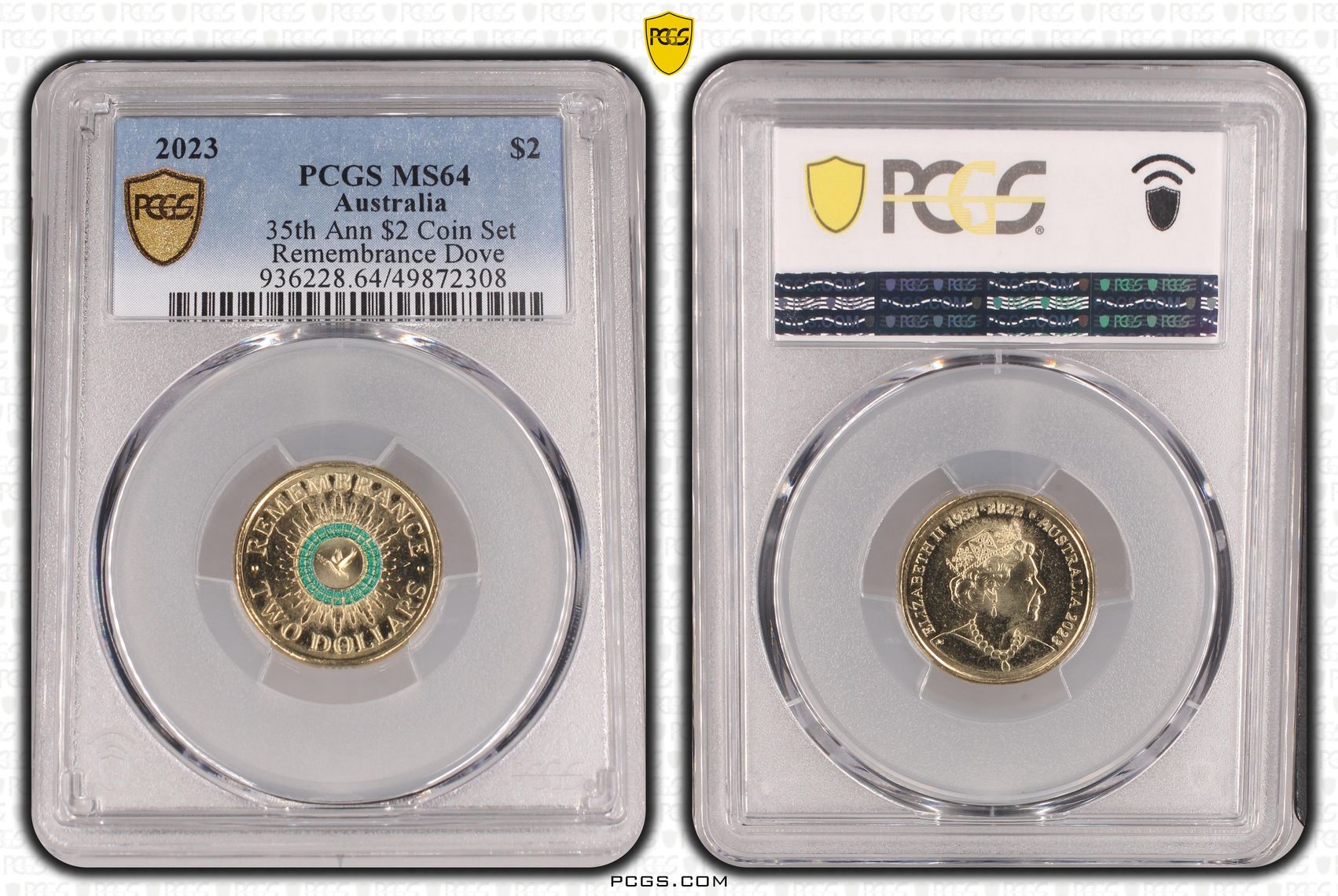 35th Ann $2 Coin Set Colourised Remembrance Dove, Two Dollar, 2023, PCGS MS64