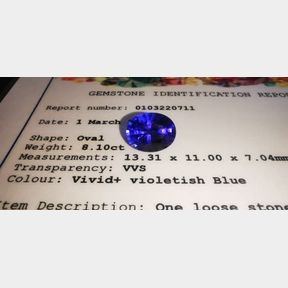 8.10CT VERIGEM CERTIFIED TANZANITE OVAL SHAPE VIVID EXCEPTIONAL AAA+ VIOLET BLUE - 51610/03