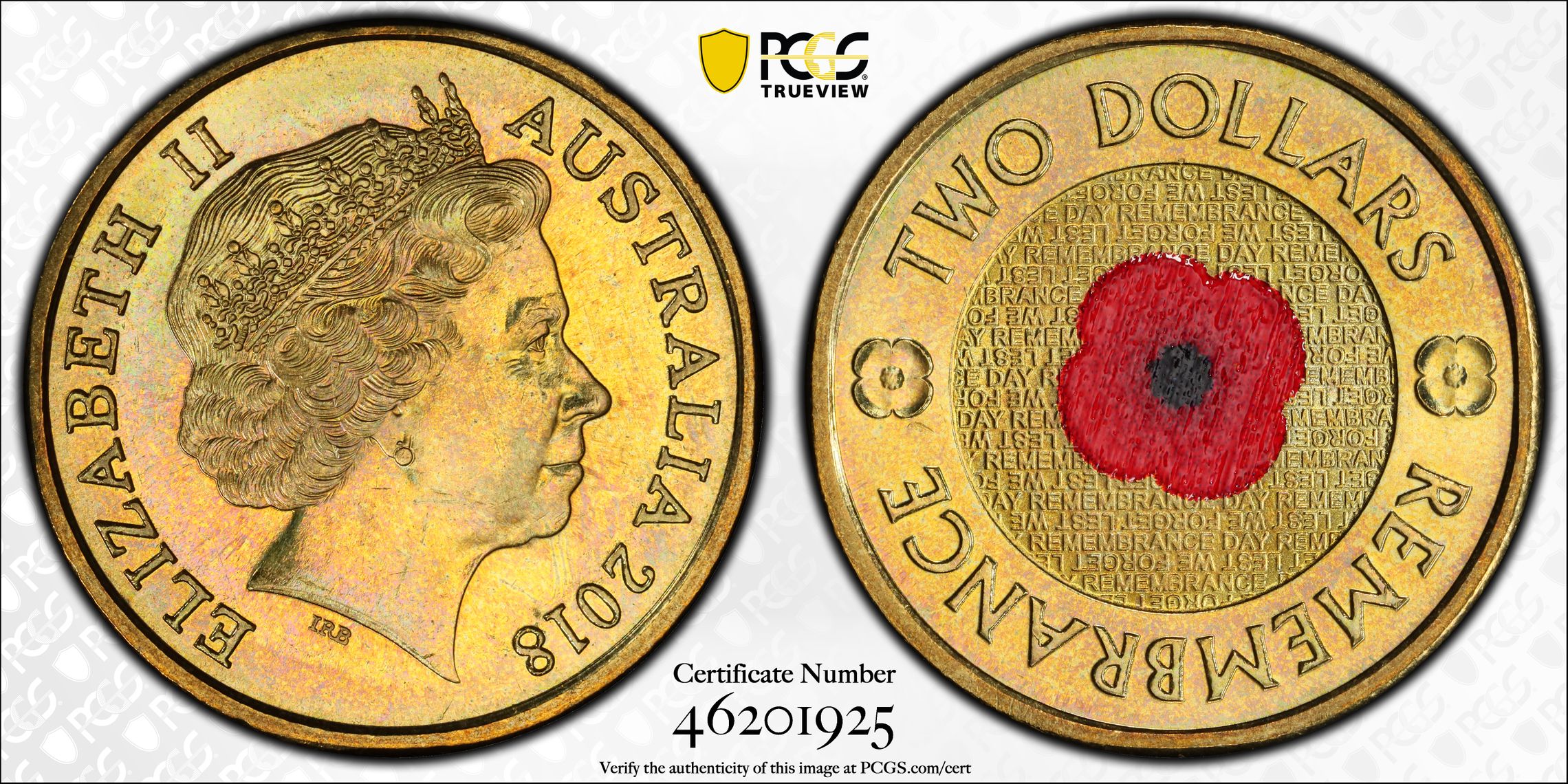Remembrance Day Red Poppy 30th Ann. $2 Coin Colorized , Two Dollar, 2018, PCGS MS67