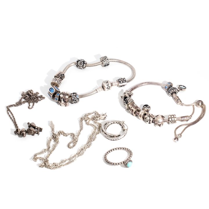 Mixed Silver Bracelets, Necklace, Earrings, Ring,