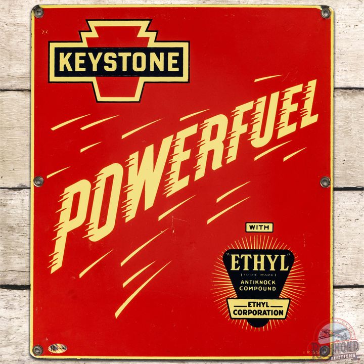 Keystone Powerful More Power to You! SS Porcelain Gas Pump Plate Sign w/ Ethyl