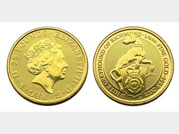 2021 ELIZABETH II QUEEN'S BEASTS 'WHITE GREYHOUND OF RICHMOND' GOLD 1/4oz PROOF 25 POUND COIN