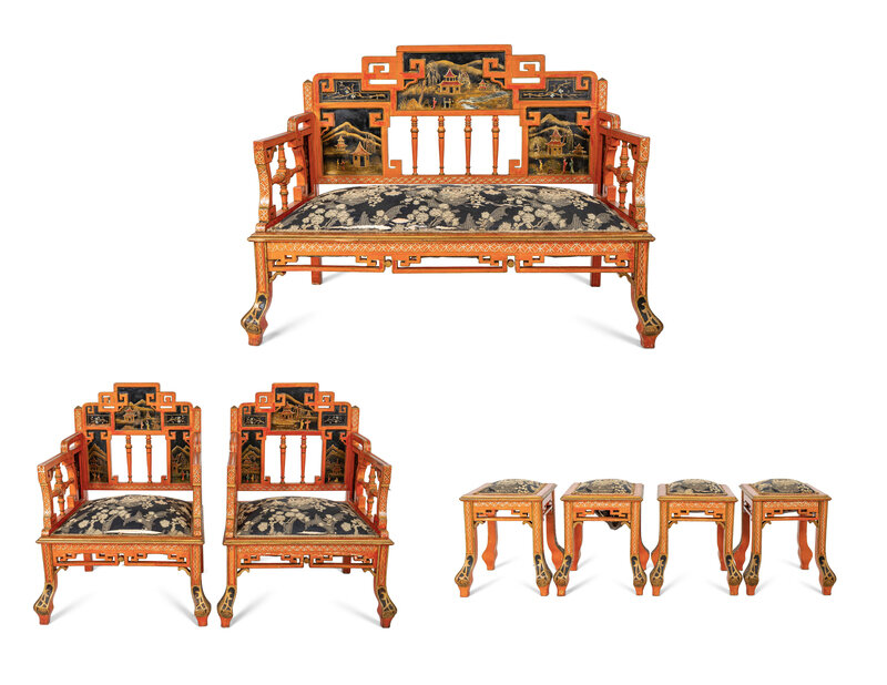 A Seven-Piece Red Painted Chinoiserie Decorated Salon Suite