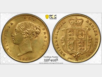 1866 VICTORIA #DIE 15 SHIELD GOLD HALF SOVEREIGN MS61