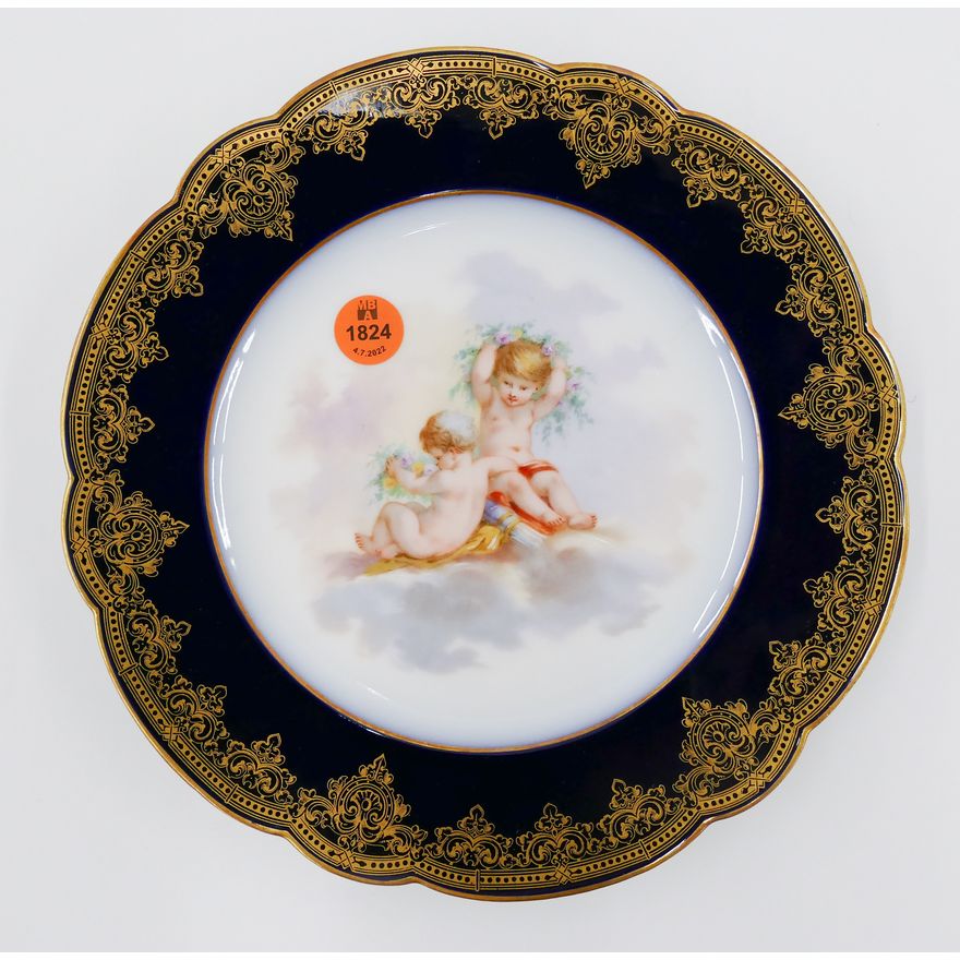 3pc Handpainted Putti Cobalt Cabinet Plates- 9''