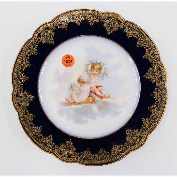 3pc Handpainted Putti Cobalt Cabinet Plates- 9''